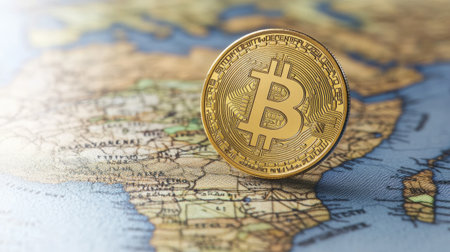A golden Bitcoin coin rests on a detailed map of Africa, symbolizing the rise of cryptocurrency in emerging markets and its transformative effect on global financial systems.の素材