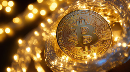 This stunning image captures a golden Bitcoin coin illuminated by warm lights, symbolizing cryptocurrency's impact on modern finance and investment opportunities.の素材