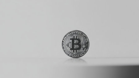 This image features a silver Bitcoin coin standing upright on a smooth gray surface, reflecting subtle light, symbolizing the evolving world of cryptocurrency and digital finance.の素材