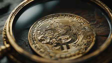 A captivating close-up of a golden Bitcoin captured in a magnifying glass, showcasing its detailed texture and design against a dark backdrop, emphasizing its value in the digital economy.の素材