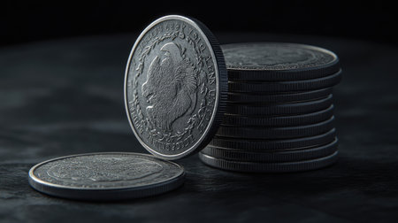 A close-up view of meticulously stacked silver coins reveals their intricate engravings and shiny metallic finish, set against a dark background to accentuate their value and beauty.の素材
