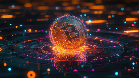 This captivating 3D illustration features Bitcoin in a vibrant digital realm, showcasing its significance in modern finance and technology, with glowing effects and deep colors.の素材