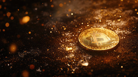 A close-up view of a golden Bitcoin coin set against a dark background, highlighted by sparkling dust. This image captures the essence of digital currency and wealth creation in the modern economy.の素材