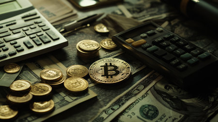 A stunning and detailed composition featuring a Bitcoin coin, fresh dollar bills, and financial tools, representing the dynamic world of investment and digital currency.の素材