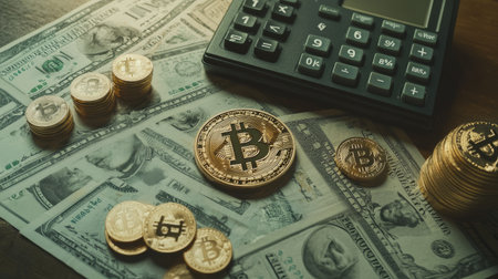 A detailed composition showcasing Bitcoin coins arranged on dollar bills alongside a calculator, illustrating the intersection of traditional finance and digital currency investments.の素材