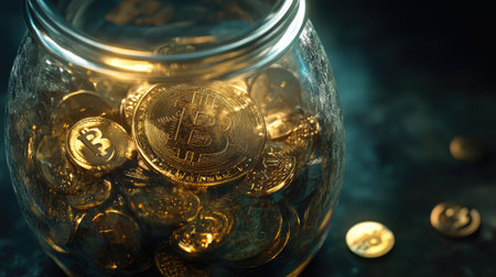 A captivating image depicting a close-up of a glass jar filled with golden Bitcoin coins, symbolizing modern investment strategies and the digital economy.の素材