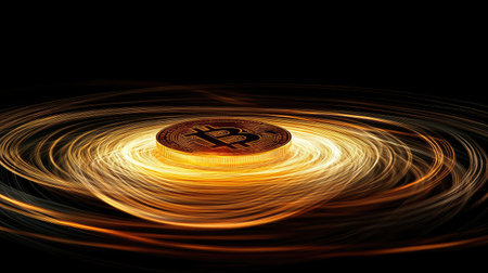 This striking image features a Bitcoin coin surrounded by vibrant light trails against a dark background, symbolizing the dynamic nature of cryptocurrency and modern finance trends.の素材