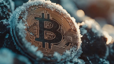 A close-up view of a frosted Bitcoin coin surrounded by ice crystals, illustrating the intersection of cryptocurrency and cold environments, perfect for finance-themed projects.の素材