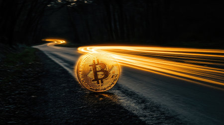 A vibrant bitcoin coin rolls along a dark road, illuminated by striking light trails that convey speed and dynamism, representing the evolution of digital finance.の素材