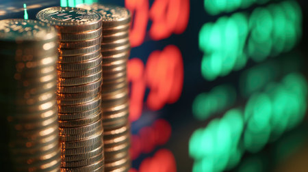 Close-up of stacked coins against a blurred stock market display highlighting price changes in red and green, representing financial growth and investment insights.の素材