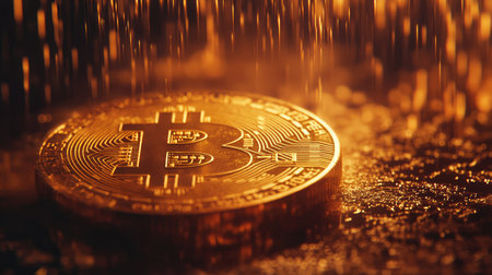 This striking image captures a Bitcoin coin glistening with water droplets against a dramatic golden background, symbolizing the pivotal role of cryptocurrency in today's evolving financial landscape.の素材
