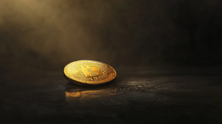A stunning gold Bitcoin coin rests on a dark surface, illuminated by mysterious lighting, symbolizing the exciting future of cryptocurrency and digital finance.の素材