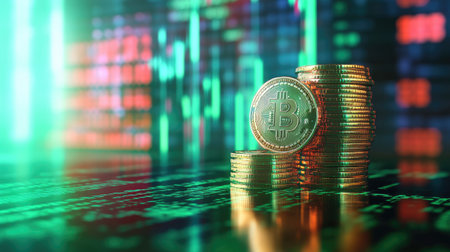 This captivating image showcases a stack of Bitcoin coins set against a vibrant digital background, representing the world of cryptocurrency and current market trends.の素材