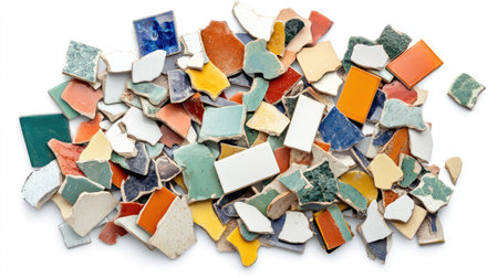 A vibrant array of broken ceramic tiles in an assortment of colors and shapes, ideal for creative projects, crafts, or mosaic art applications. Perfect for artistic inspiration.の素材