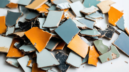 A vibrant collection of colorful fragmented pieces of old paint and ceramic tiles, showcasing a mix of textures and shades for creative projects and artistic design.の素材