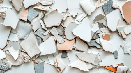 A visually appealing assortment of broken ceramic and porcelain pieces with various textures and colors, perfect for artistic backgrounds and creative projects.の素材