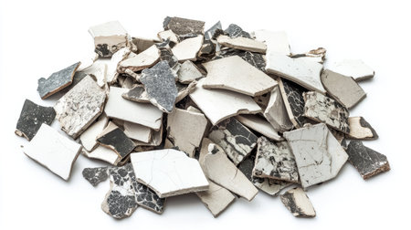 A pile of broken ceramic tiles displaying various textures and colors. Ideal for creative projects, renovations, or as visual elements in design work.の素材