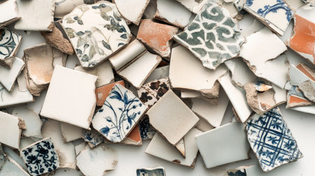 A unique collection of broken ceramic tiles showcasing various patterns and colors, perfect for artistic backgrounds or design projects. Ideal for crafting and creative endeavors.の素材