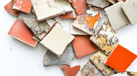 A collection of colorful broken tiles showcasing diverse textures and surfaces, perfect for creative projects, crafts, or home decor inspirations.の素材