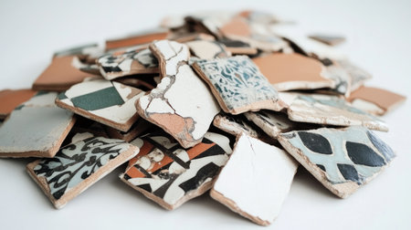An elegant arrangement of ceramic tile fragments showcases exquisite patterns and textures, offering endless inspiration for decoration and artistic creativity in home design.の素材