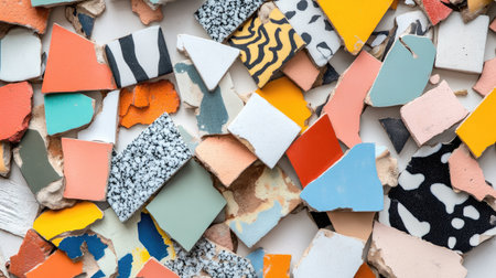 Vibrant and colorful arrangement of various ceramic tile fragments and paint chips, suitable for design inspiration or as an engaging texture background in creative projects.の素材