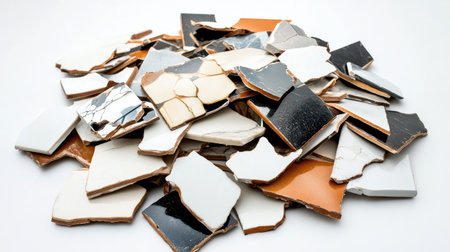 A striking collection of broken ceramic tiles showcasing an array of colors and patterns, ideal for creative projects, home decor inspiration, or artistic display purposes.の素材