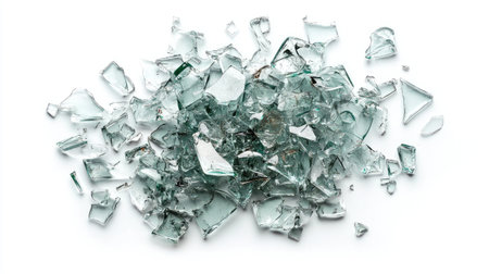 A captivating image of shattered glass pieces scattered on a white background. The sharp edges and reflections create a striking visual, perfect for art and design projects.の素材
