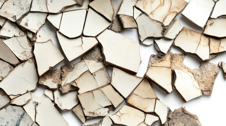 High-quality image featuring an arrangement of broken ceramic tile pieces showcasing unique textures and patterns, ideal for art and design inspiration or renovation projects.の素材