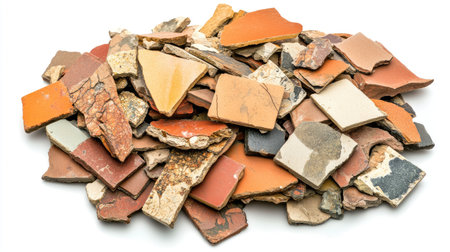 A vibrant assortment of broken terracotta tiles and shards featuring a variety of colors and textures, perfect for artistic projects and creative expressions in home decor.の素材