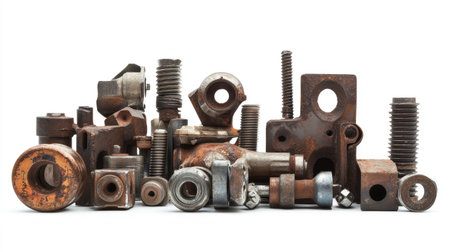 This image features a collection of rusty mechanical parts and fasteners arranged artfully on a white background, perfect for showcasing industrial themes and creative engineering concepts.の素材