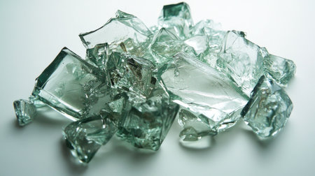 A close-up view of various shattered glass pieces showcases their unique shapes and textures, capturing the beauty of broken materials against a light background.の素材