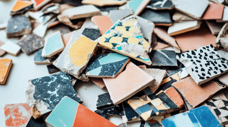 Discover a diverse assortment of broken ceramic tiles showcasing vivid colors and unique patterns, perfect for inspiring creative interior design and craft projects.の素材