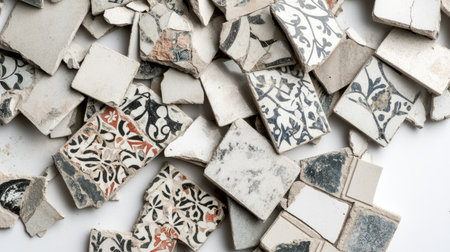 A captivating assortment of broken ceramic tiles showcasing unique patterns and textures, ideal for artistic projects, backgrounds, and creative endeavors.の素材