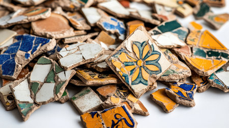 A collection of colorful tile fragments scattered chaotically, showcasing unique patterns and textures, ideal for artistic projects and background use, evoking a sense of history and creativity.の素材