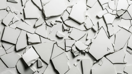 An image showcasing a cracked white surface with fragmented tiles, offering a striking contrast in texture ideal for creative projects, backgrounds, and abstract art.の素材