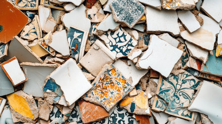 A stunning collection of broken ceramic tiles showcases an array of colors and patterns, perfect for inspiring creative decor ideas and highlighting unique craftsmanship in any space.の素材