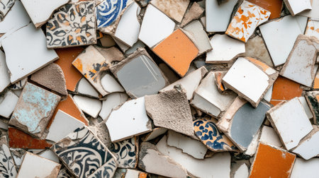 A vibrant assortment of broken ceramic tiles showcasing a blend of colors and patterns, perfect for illustrating mosaic art, design concepts, or home dの素材