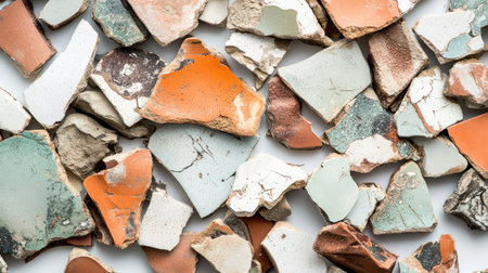 A vibrant collection of broken ceramic pieces featuring striking colors and textures, perfect for artistic projects, patterns, and even home decor ideas.の素材