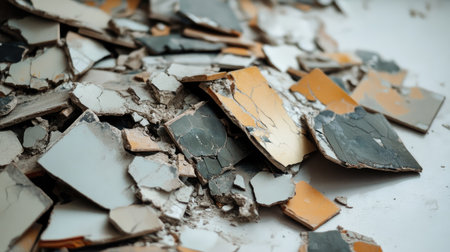 A close-up of cracked and chipped paint layers on a surface, illustrating texture and a weathered aesthetic with vibrant colors and unique patterns for artistic inspiration.の素材