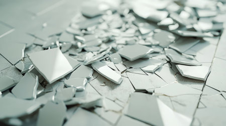 This image captures a detailed close-up of shattered glass pieces on a floor, emphasizing the delicate and chaotic nature of broken objects in a minimalistic environment.の素材