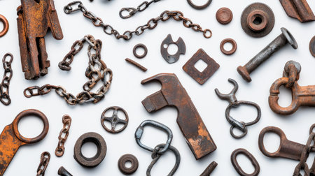 This image features a diverse assortment of vintage rusty metal tools, chains, and hardware pieces arranged on a white background, ideal for art and design projects.の素材