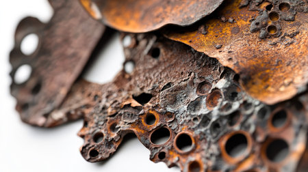 Close-up view of rusty metal pieces showcasing intricate textures, corroded surfaces, and various holes. Ideal for projects needing industrial or abstract visuals.の素材