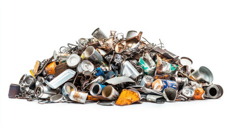 A large heap of assorted scrap metal showcasing various materials and worn-out items suitable for recycling efforts and waste management initiatives.の素材