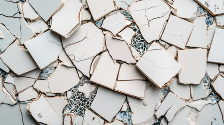 Close-up view of broken ceramic tiles showcasing intricate cracks and textures, ideal for use in design projects, decor inspiration, or artistic applications.の素材