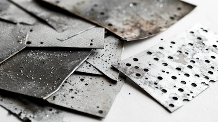 A detailed depiction of assorted metal scrap pieces featuring intricate textures and holes, ideal for use in industrial design and artistic projects.の素材