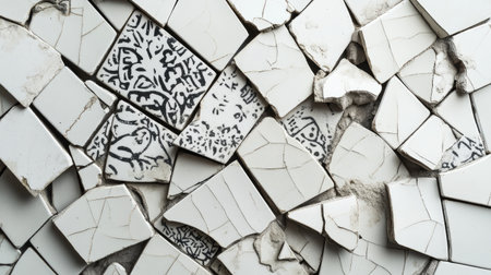A close-up view of fragmented ceramic tiles showcasing intricate patterns and textures, highlighting the beauty inherent in broken artistry and unique design elements.の素材