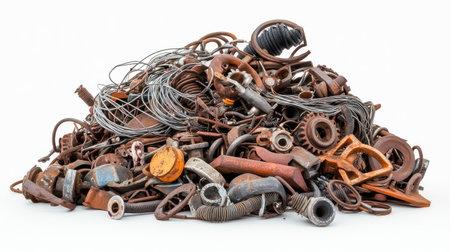 This artistic image captures a chaotic pile of rusty scrap metal, vintage hardware parts, and mechanical components, highlighting diverse textures and forms against a clean background.の素材