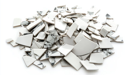 A visually intriguing heap of broken ceramic tiles in various shapes and textures, captured against a clean white background, perfect for design and decoration concepts.の素材