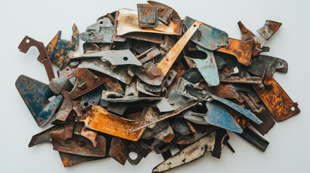 Explore a captivating heap of rusty metal fragments that showcase an array of colors and textures, ideal for industrial design, artistic projects, or creative inspiration.の素材