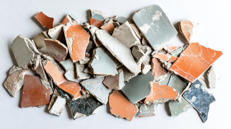 A collection of broken ceramic and plaster tile fragments, showcasing various colors and textures, perfect for artistic projects or design backgrounds.の素材